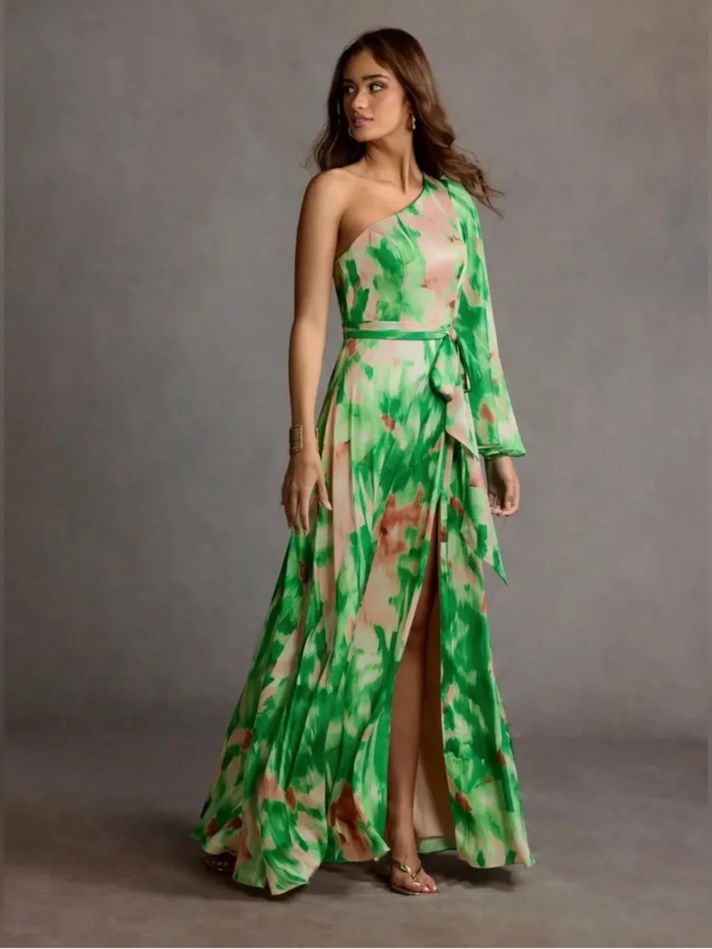 Azazie One-Shoulder Green and Nude Watercolor Maxi Dress